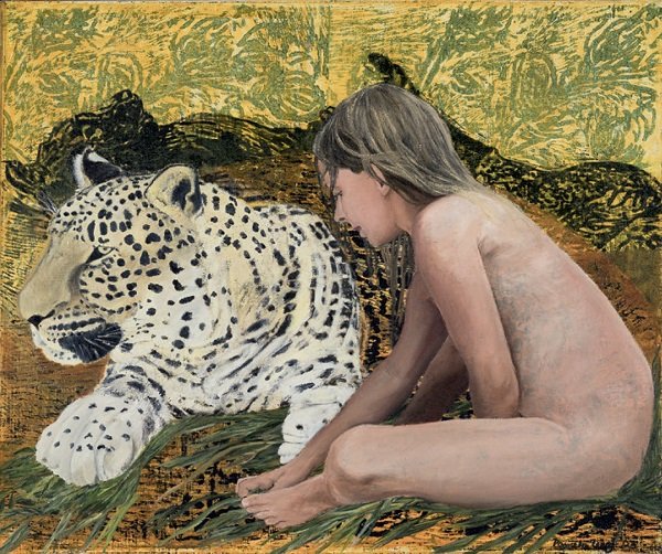 פמלה לוי,ילדה עם נמר,2003,הדפס עץושמן על בד,78X92 סמ