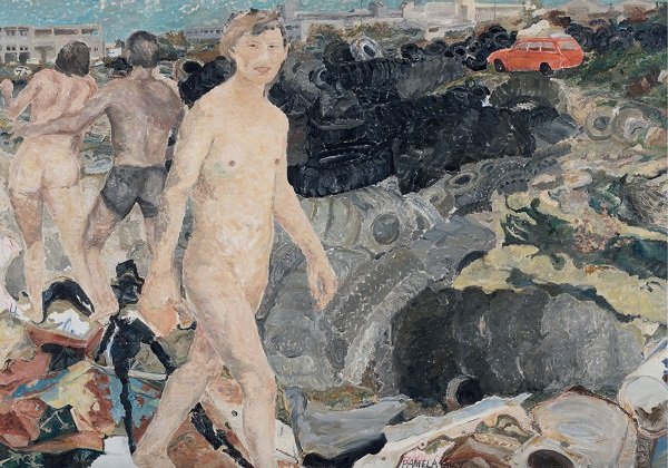 פמלה לוי,מגרש צמיגים,דמויות בעירום, 1984-85, שמן על בד, 140X198 סמ