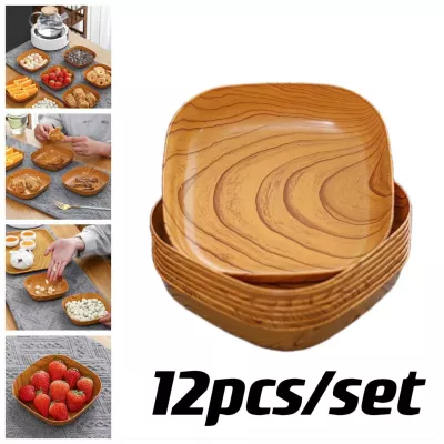 12件/套厨房木纹塑料方盘干果水果蛋糕点心盘
