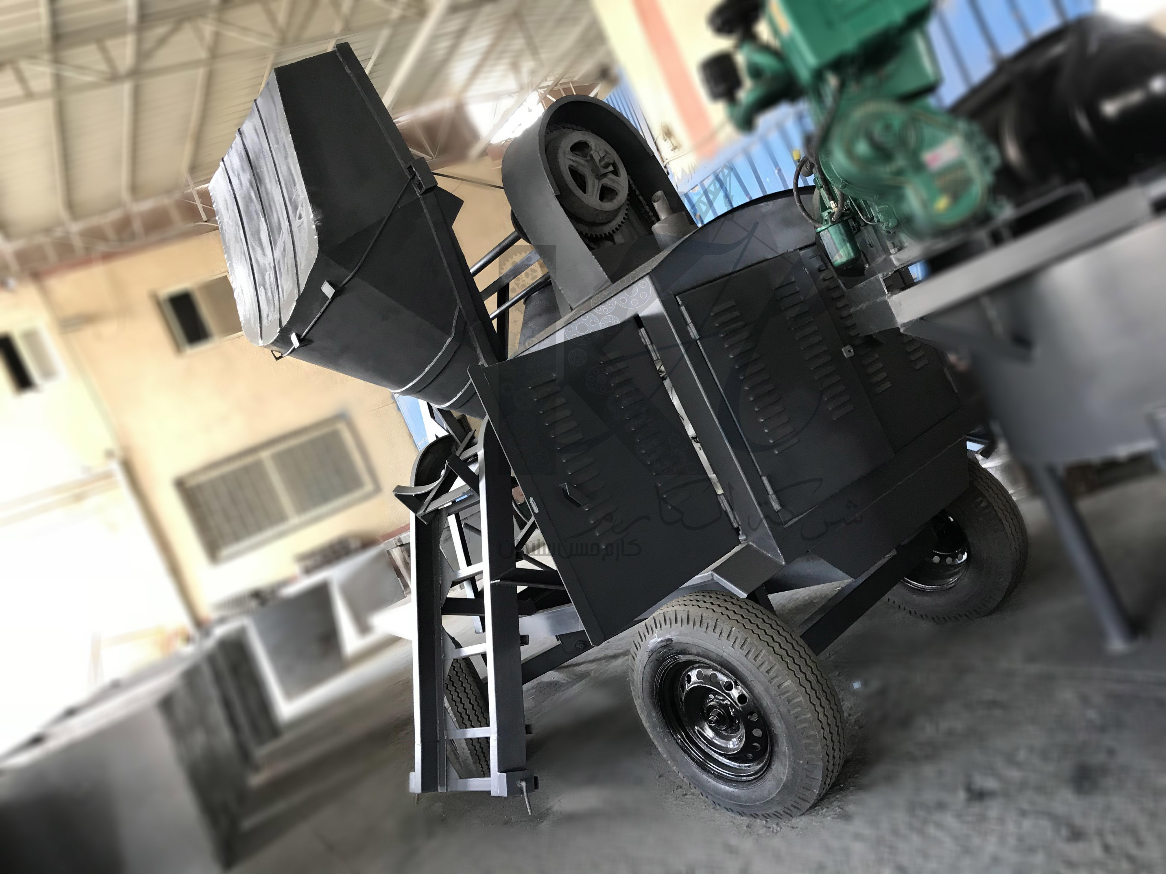 Large concrete mixer with crane