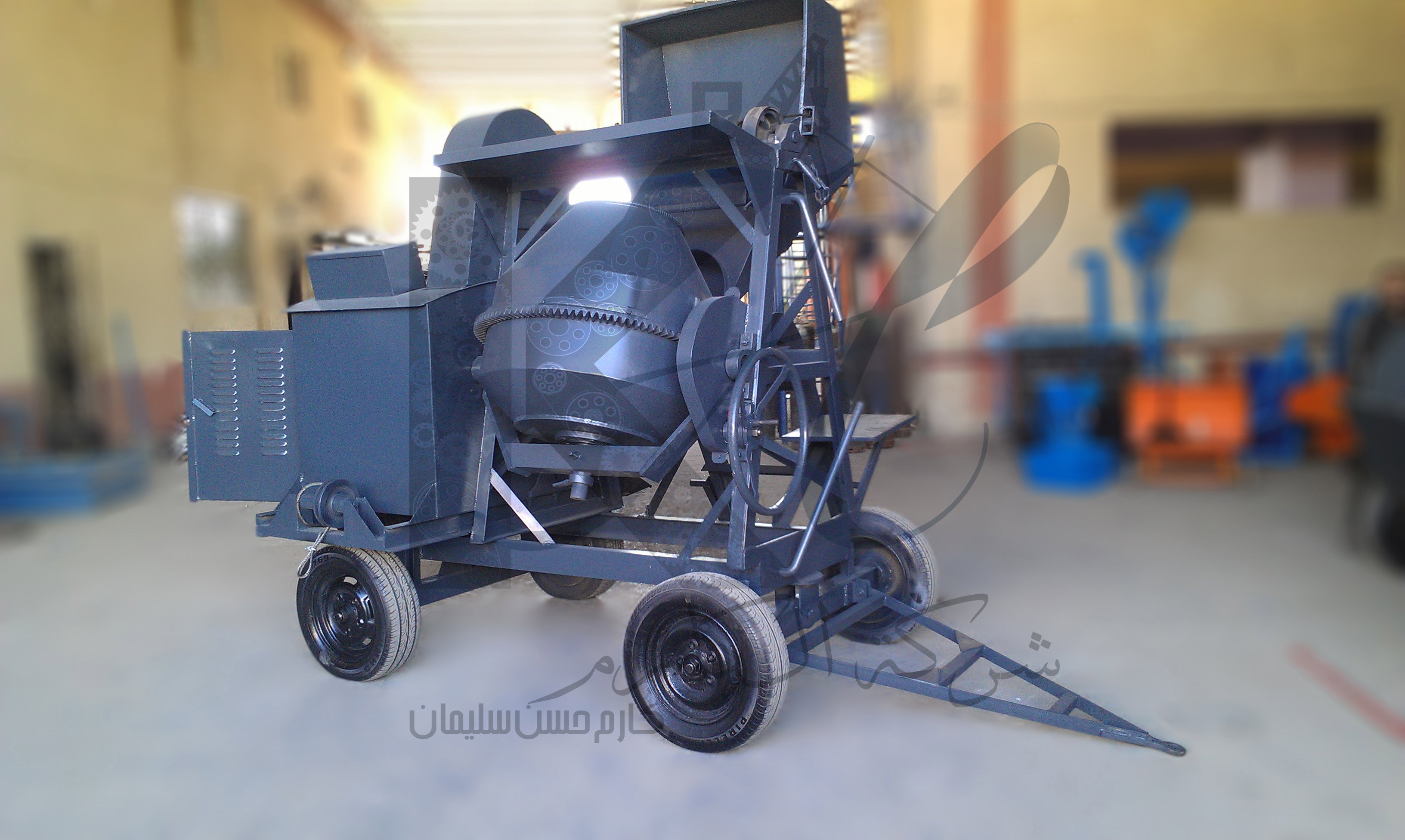 Large concrete mixer with crane