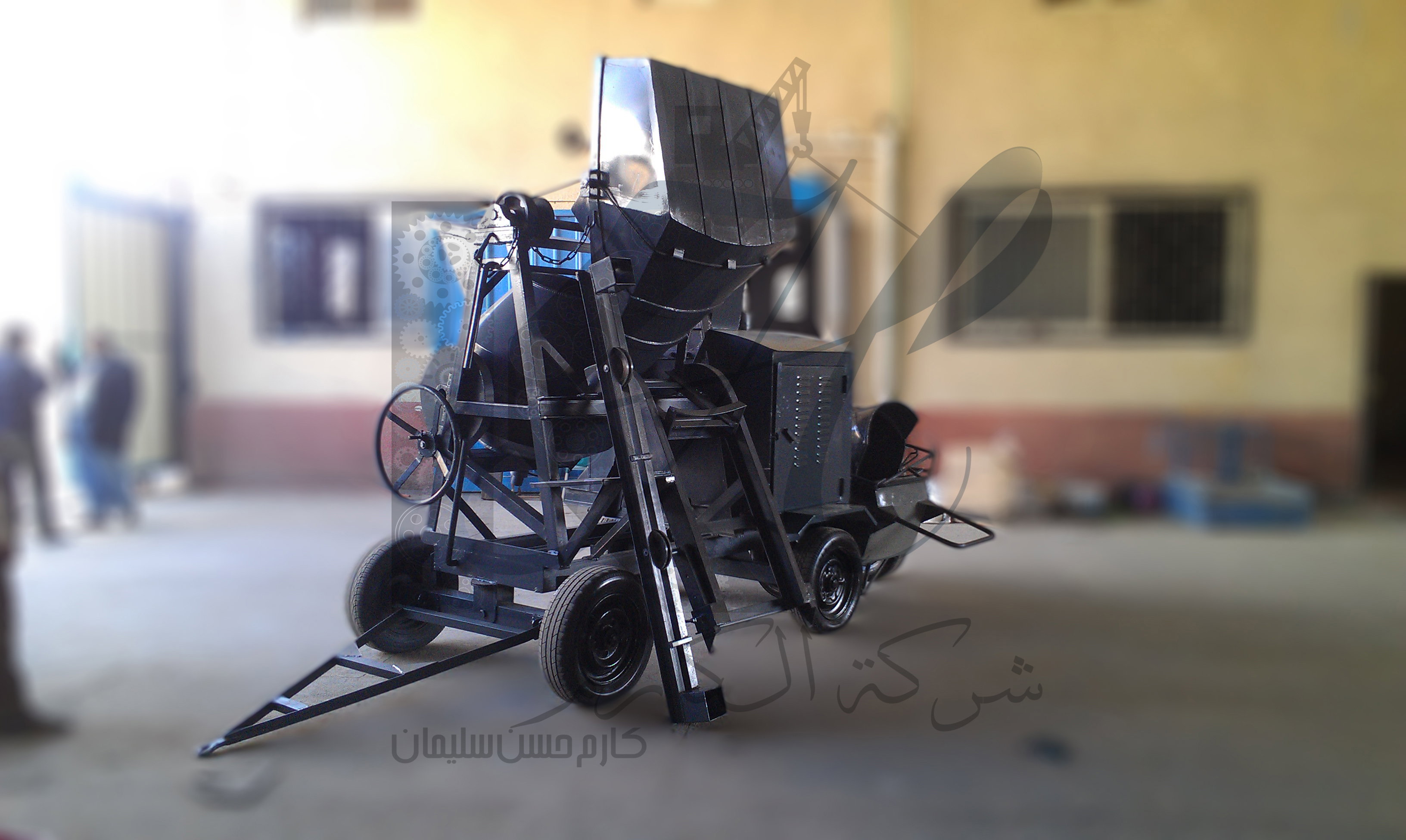 Large concrete mixer with crane