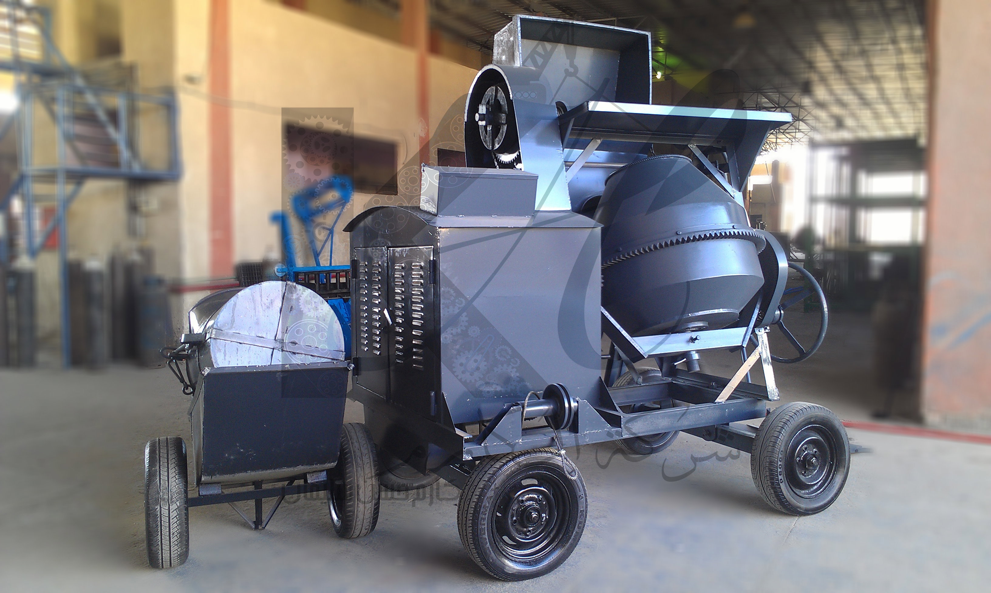 Large concrete mixer with crane