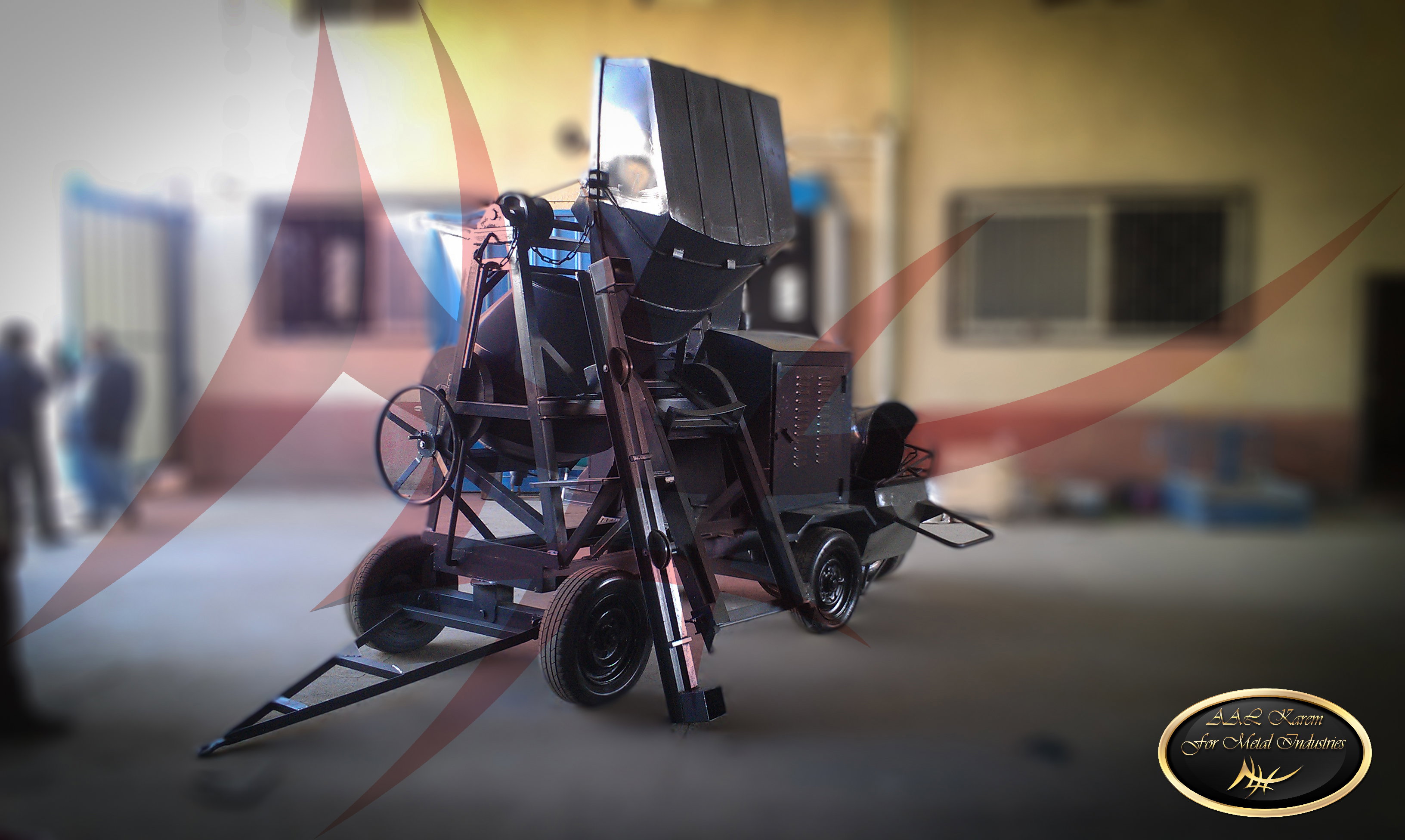 Large concrete mixer with crane