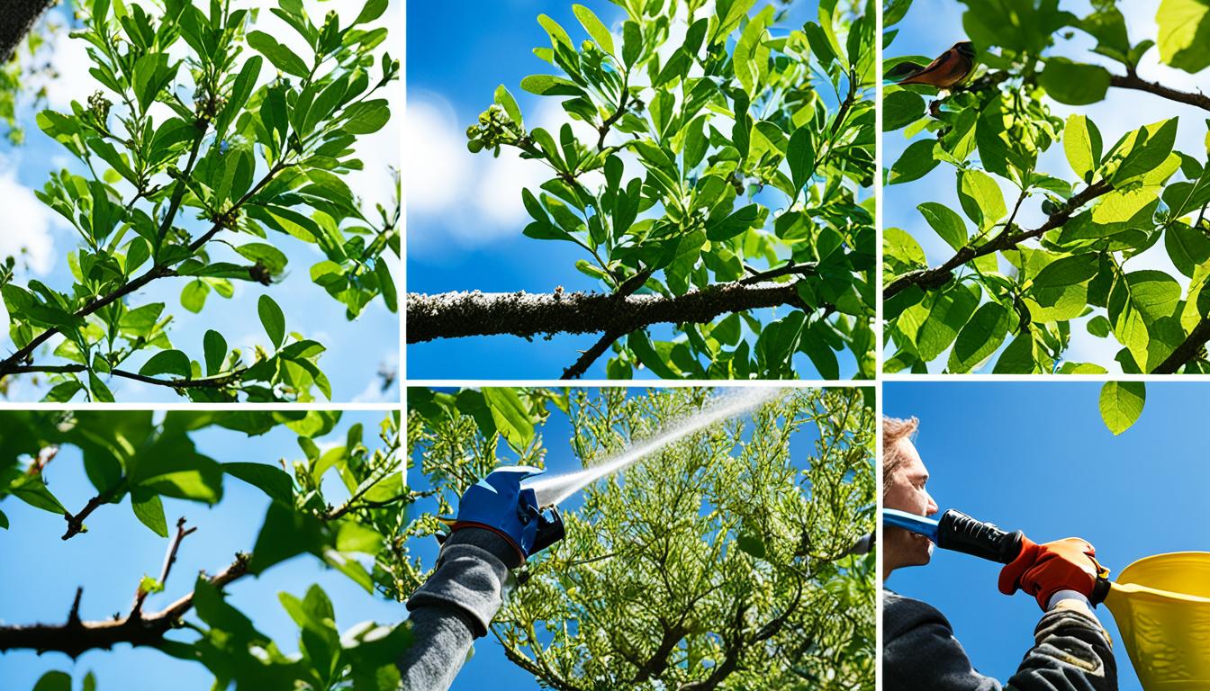 1. A tree trunk being watered with a hose against a blue sky backdrop. 2. A person wearing gardening gloves pruning branches off a tree. 3. A close-up shot of a tree's leaves and buds with sunlight filtering through them. 4. A person spreading fertilizer around the base of a tree using a shovel. 5. A bird perched on a branch of a tree with a birdhouse hanging from it. 6. A person using a ladder to inspect the top of a tree for any dead branches. 7. A children's swing hanging from one of the branches of a large backyard tree.