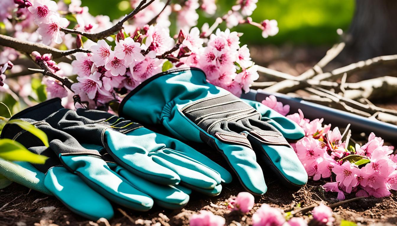 A pair of gardening gloves lying on the ground, next to a pruning shears and a pile of branches that have been recently trimmed from a tree. The tree stands tall in the background, adorned with pink and white spring blossoms. Sunlight streams through the branches, casting dappled shadows on the ground. A small bird perches on a nearby branch, watching as the pruning work is done.