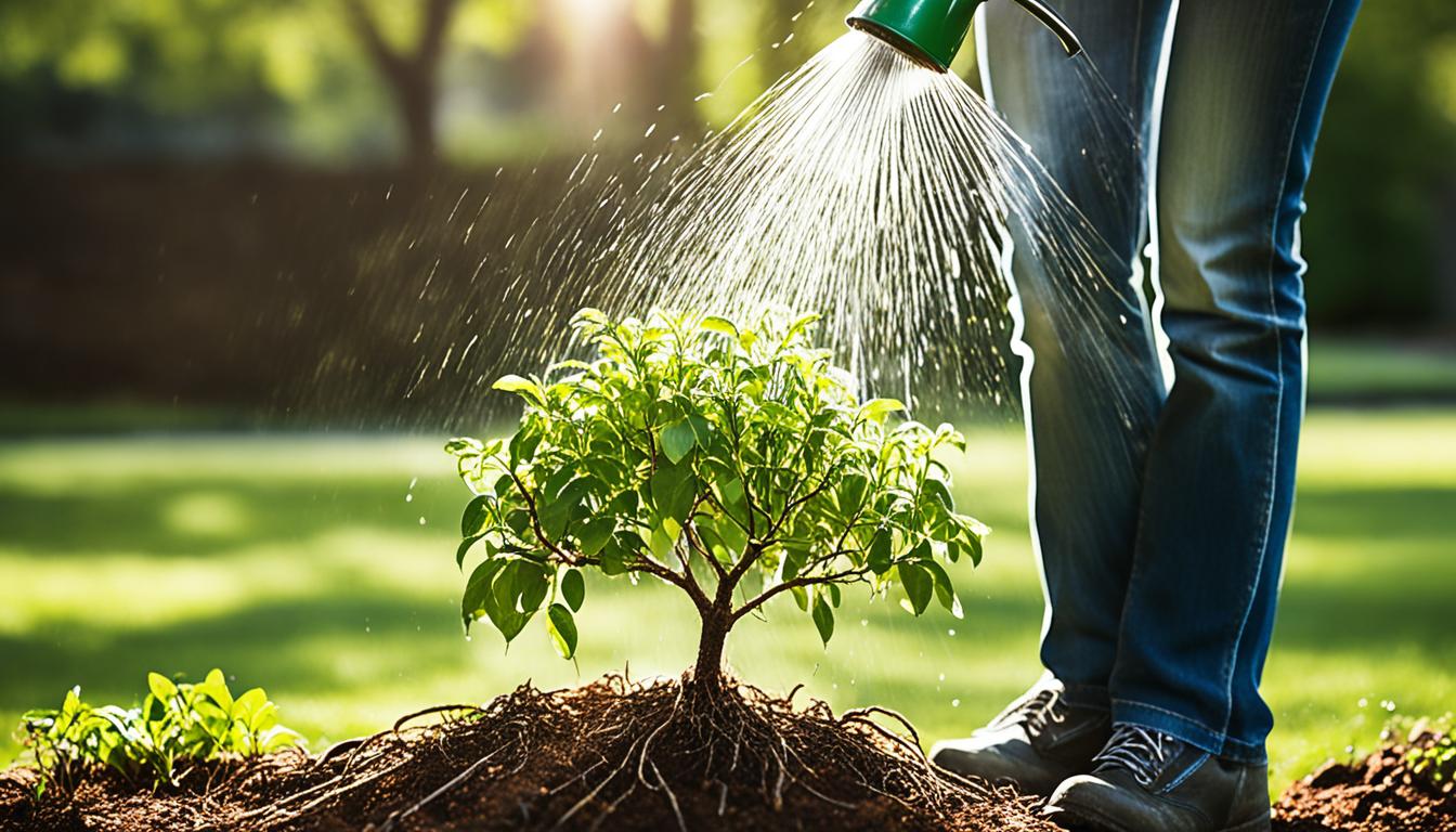 A close-up view of a watering can spraying water onto the roots of a young tree in full bloom. The sunlight filtering through the leaves creates a beautiful dappled effect on the ground below.