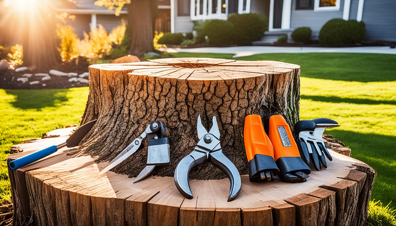 A close-up shot of a large tree stump in the middle of a suburban backyard, with several tools lying scattered around it and a pair of work gloves resting on top. The sun is setting in the background, casting a warm orange glow across the scene.