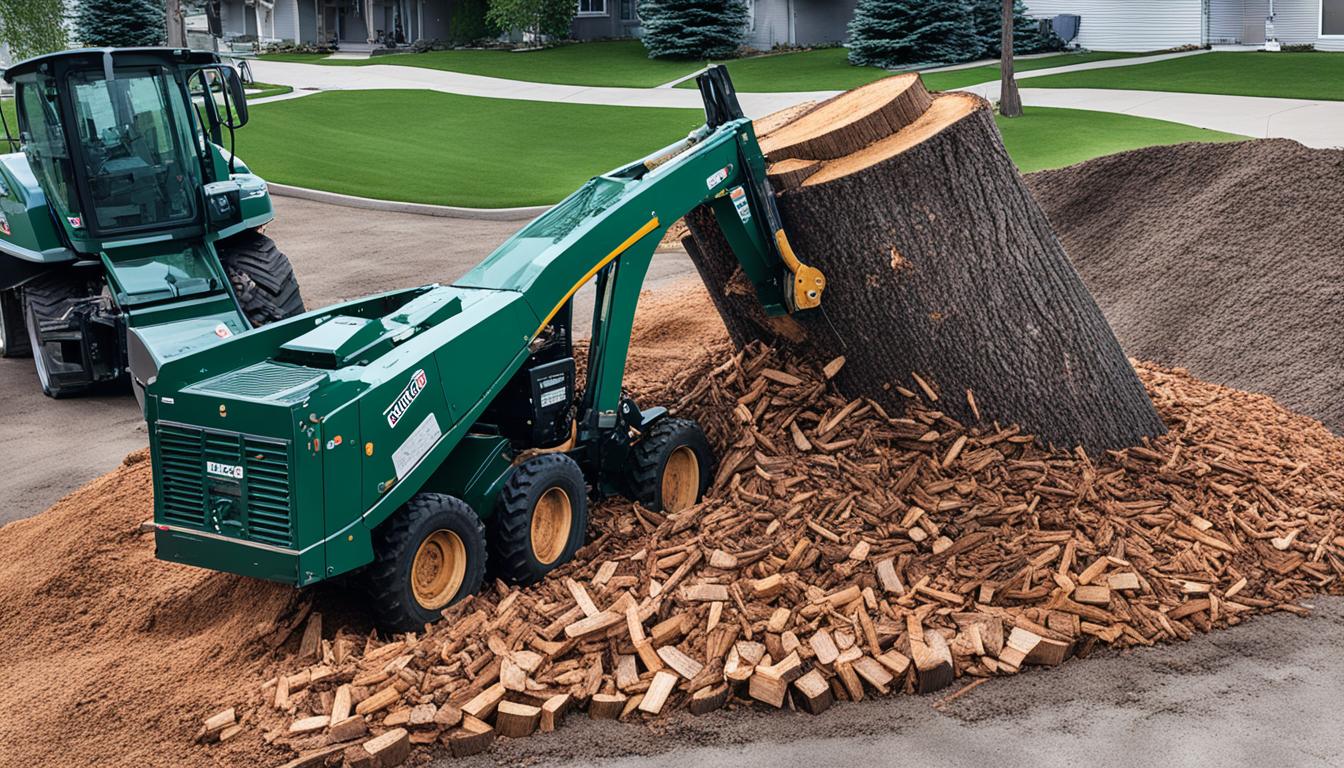 Create an image of a large tree stump being ground down by a heavy-duty machine in Edmonton. Lots of wood chips and debris flying everywhere as the machine grinds away at the stump. The surrounding area should be visible to show the size of the stump and the scope of the removal process. The image should convey the power and efficiency of the machine and the hard work required to remove such a large stump.