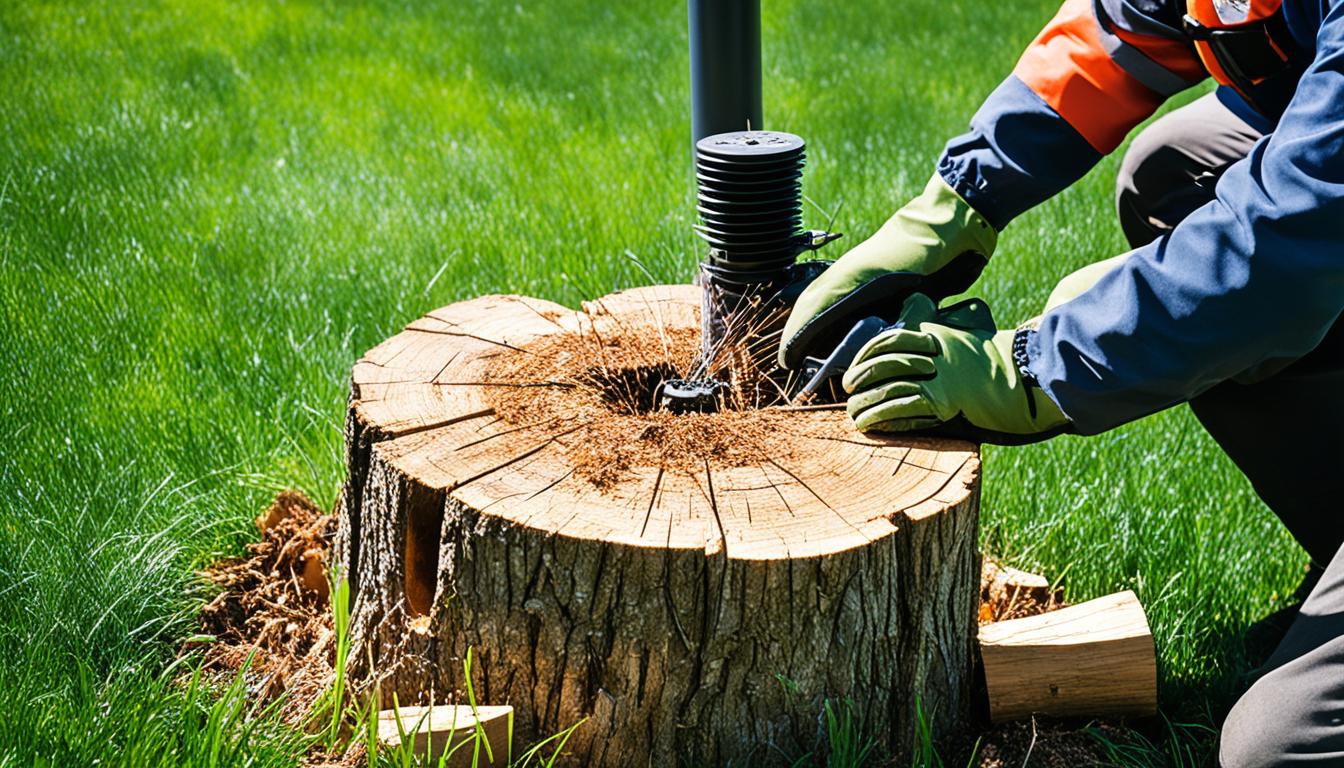 Show a close-up of a tree stump in a backyard, surrounded by grass and plants. The stump should be partially decayed and have roots sticking out. In the background, show a person operating a stump grinder, with wood chips flying out of the machine. The person should be wearing safety gear such as gloves, ear protection, and goggles. Make the image look busy and active, with the grinder being the focal point. Use warm colors like oranges and yellows to convey energy and excitement.