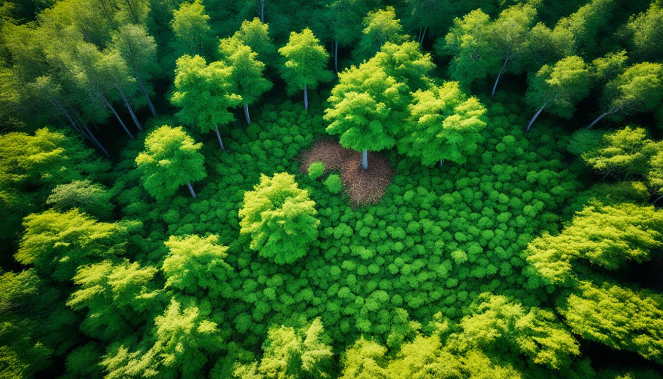 A bird's-eye view of a lush forest floor with a single tree in the center. Surrounding the tree are freshly laid wood chips, providing ample mulch for the tree's root system. The sunlight filters through the branches, highlighting the vibrant green leaves and showing the healthy growth of the tree. In the distance, other trees can be seen, but this one stands out as the centerpiece of the forest thanks to its proper care and maintenance.