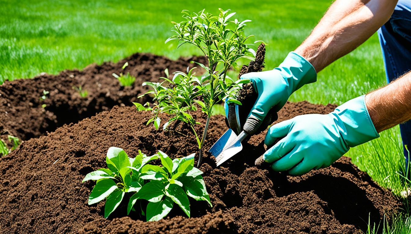 A pair of hands holding a fresh sapling and digging a hole in the ground with a spade amidst green grass and blue sky. The hands are wearing gardening gloves and the spade is leaning against a nearby rock. The tree looks healthy with lush green leaves and a few small branches. The hole is deep enough for the sapling to be planted securely with the soil around it being loose and soft. There are patches of wildflowers and dandelions nearby, adding to the natural beauty of the scene.