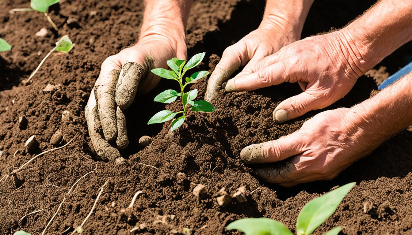 A close-up of hands digging a hole in the ground, followed by placing a young tree into the hole and covering its root ball with soil. The hands then gently pat down the soil around the base of the tree. The image should convey a sense of care and intentionality in the planting process. Surrounding environment can include other trees, plants or landscape features.