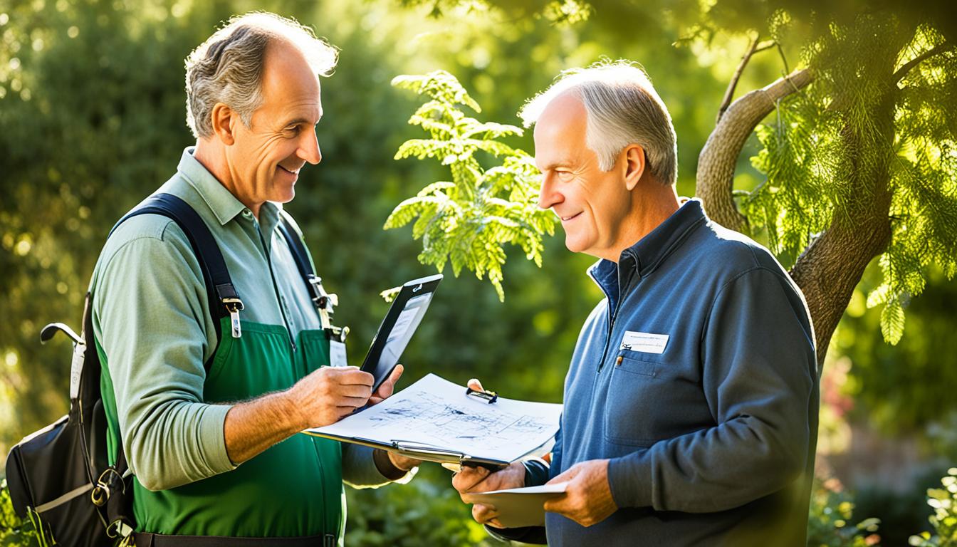 Create an image of a backyard with various plants and trees in different stages of growth. A man is standing in the foreground talking to an arborist, who is pointing to a tree with a disease. Show the arborist holding a clipboard with notes and a diagram of the landscape plan. The sun is shining and casting shadows on the ground, and there are birds flying in the distance. Use warm colors to evoke springtime.