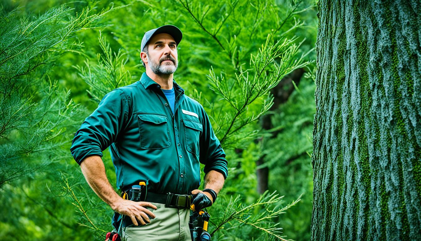 A person standing in front of a large variety of trees, with an arborist by their side pointing to different trees. The person appears thoughtful and unsure while the arborist looks confident and knowledgeable. The surrounding area is filled with greenery and natural elements, emphasizing the importance of selecting the right tree for the environment.