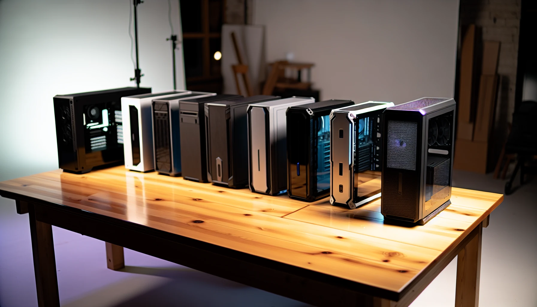 Various mid-tower PC cases lined up on a table