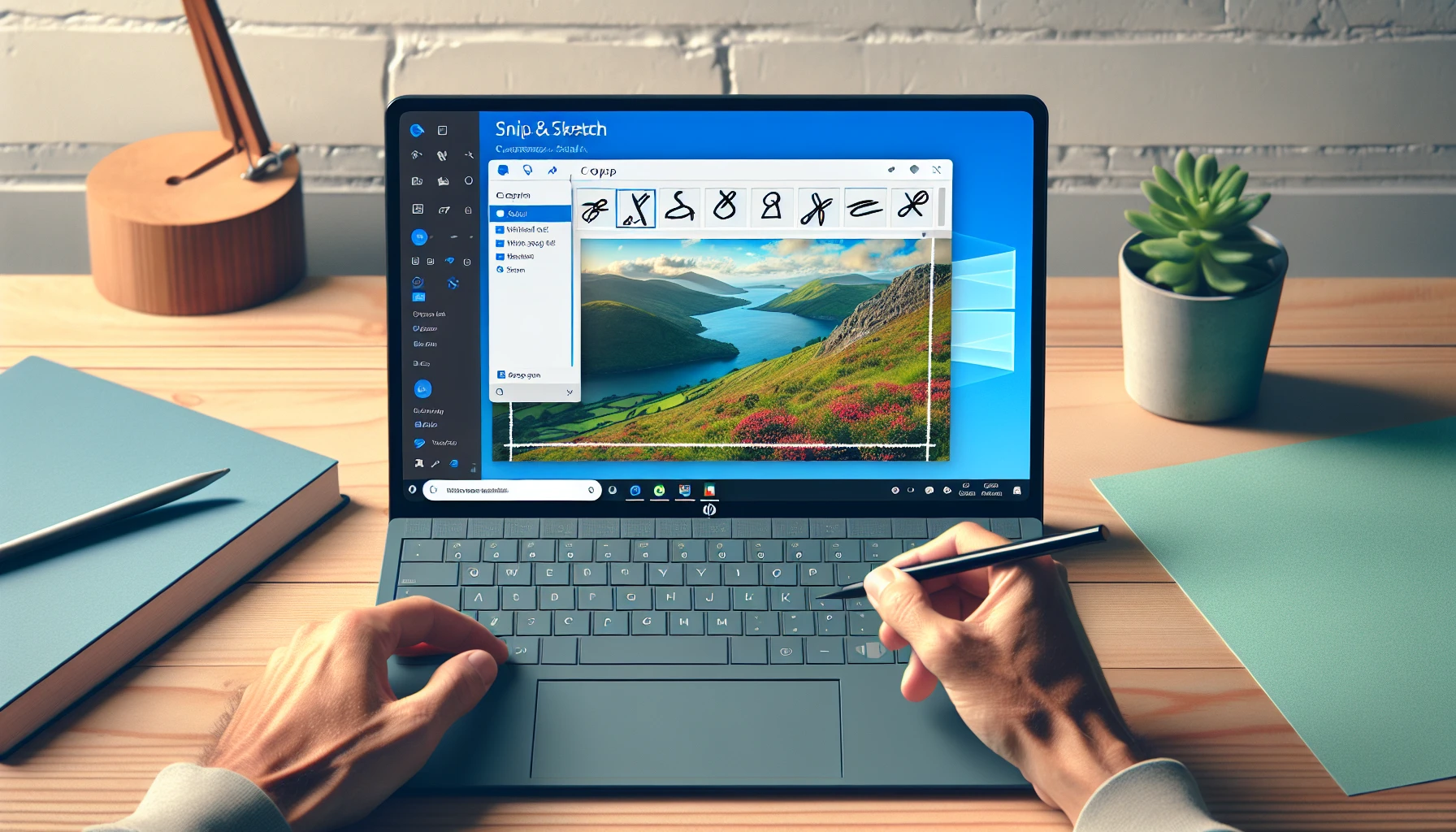Illustration of the Snip & Sketch app on a Windows 10 HP laptop