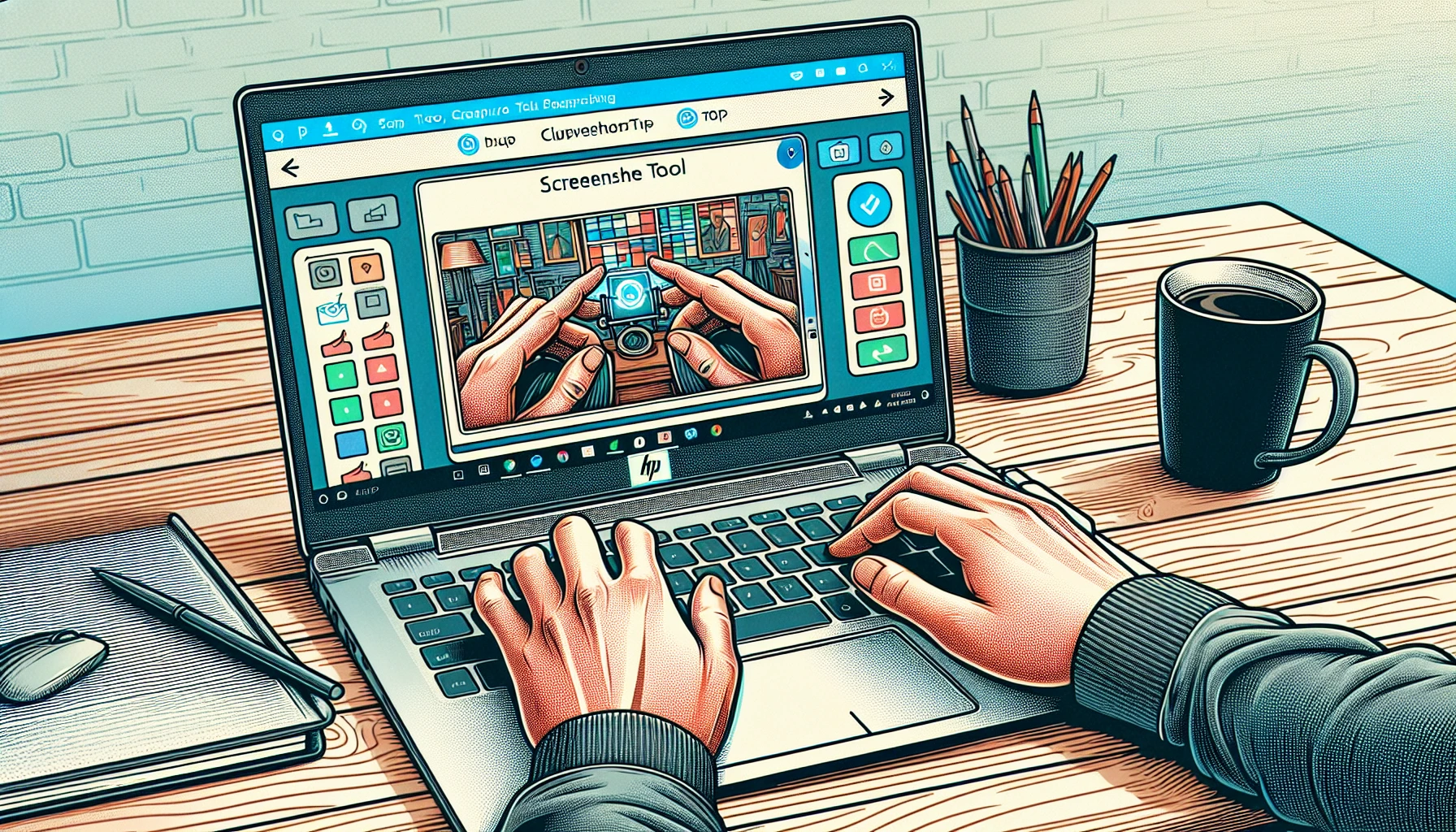 Illustration of a person using a third-party screenshot tool on an HP laptop