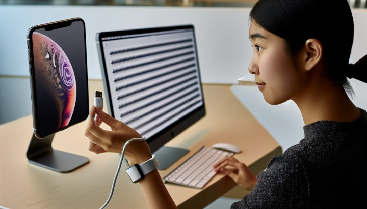 A person connecting an iPhone to a computer using a USB cable