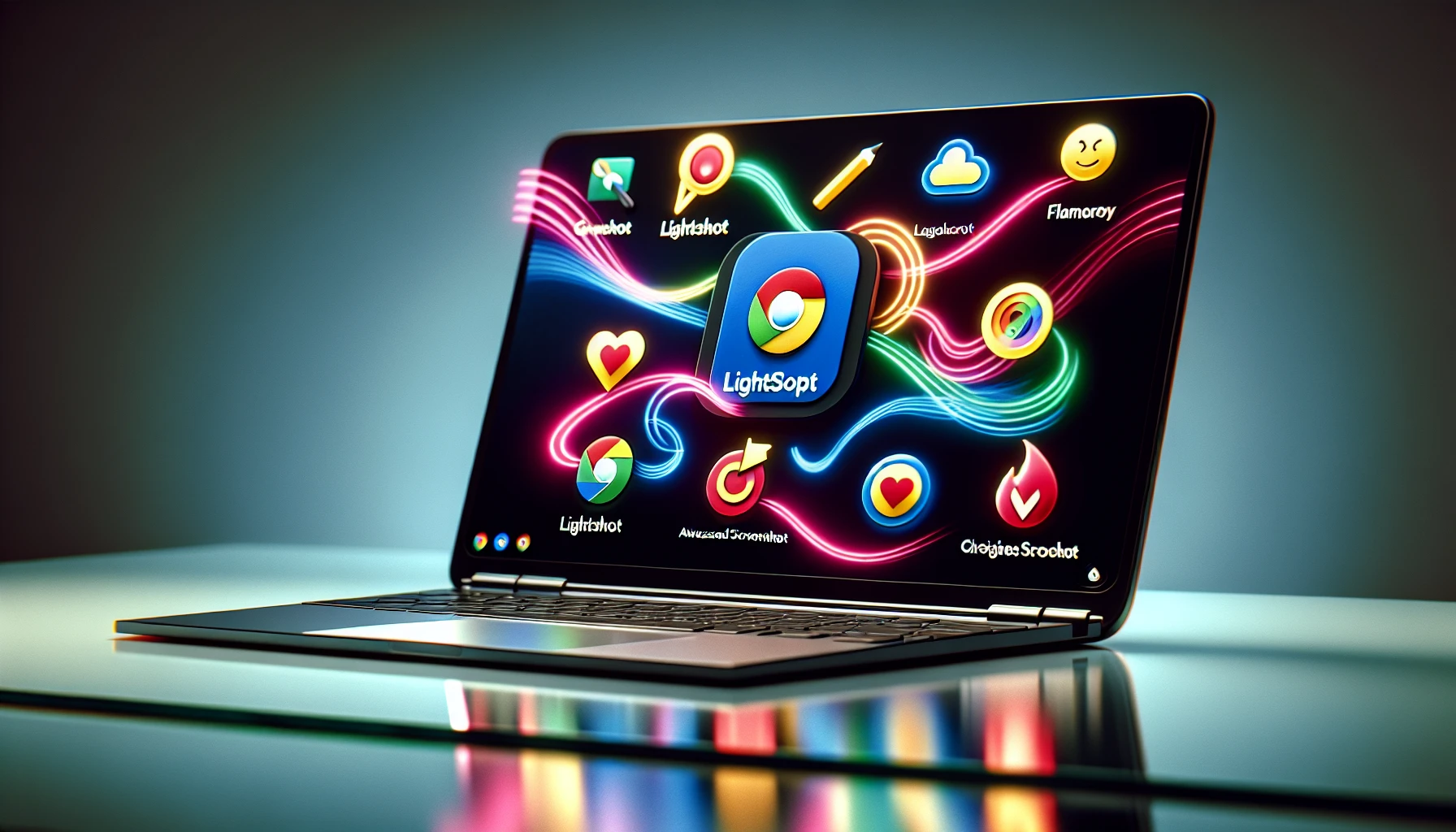 Illustration of a Chromebook with advanced screenshot tools and extensions