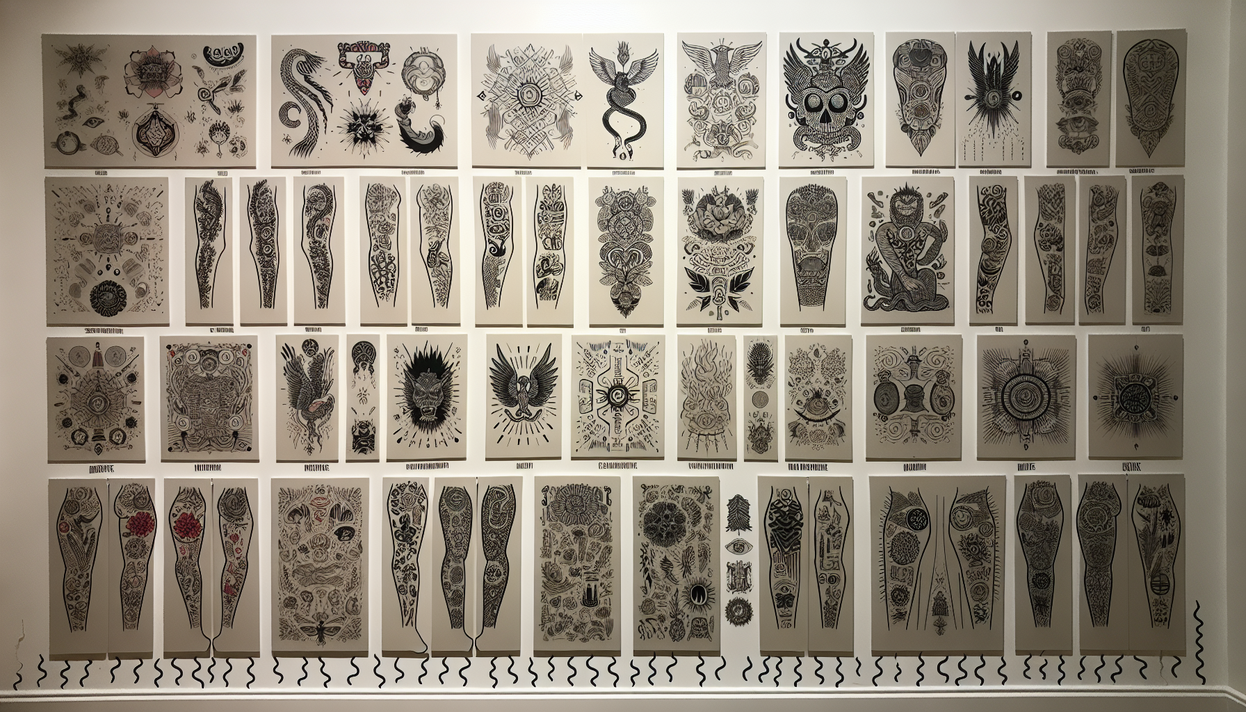 Various tattoo designs on display