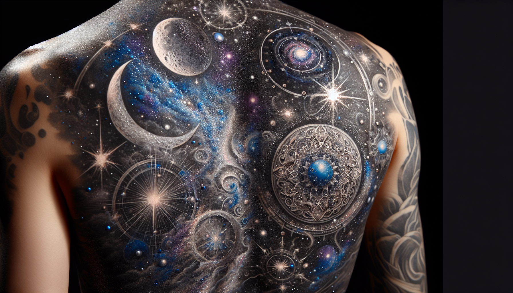 Celestial body tattoos featuring moons, stars, and solar systems