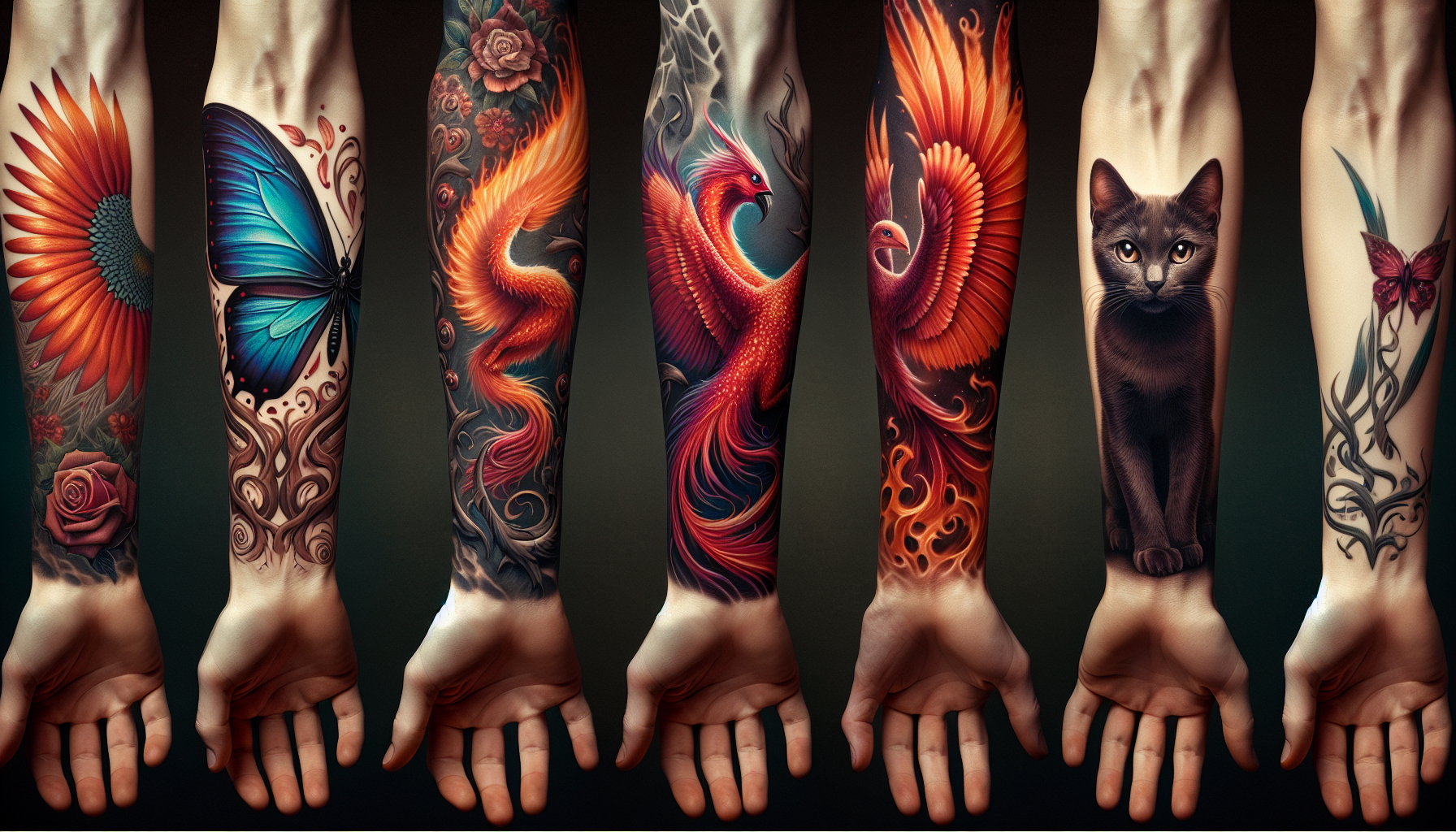 Animal-inspired tattoos including butterflies, phoenixes, and cats