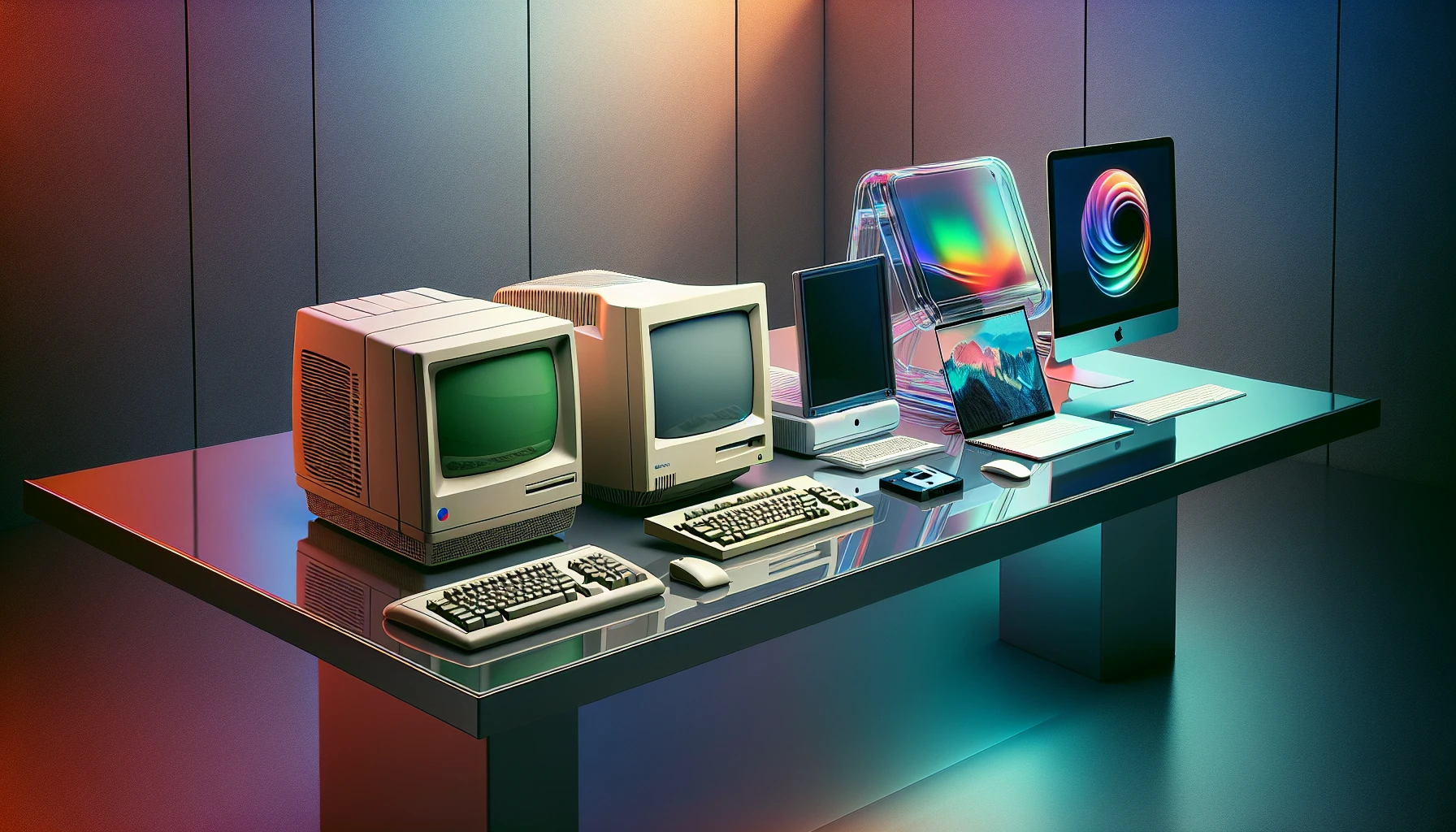 An illustration depicting the evolution of personal computers from early models to modern advancements.