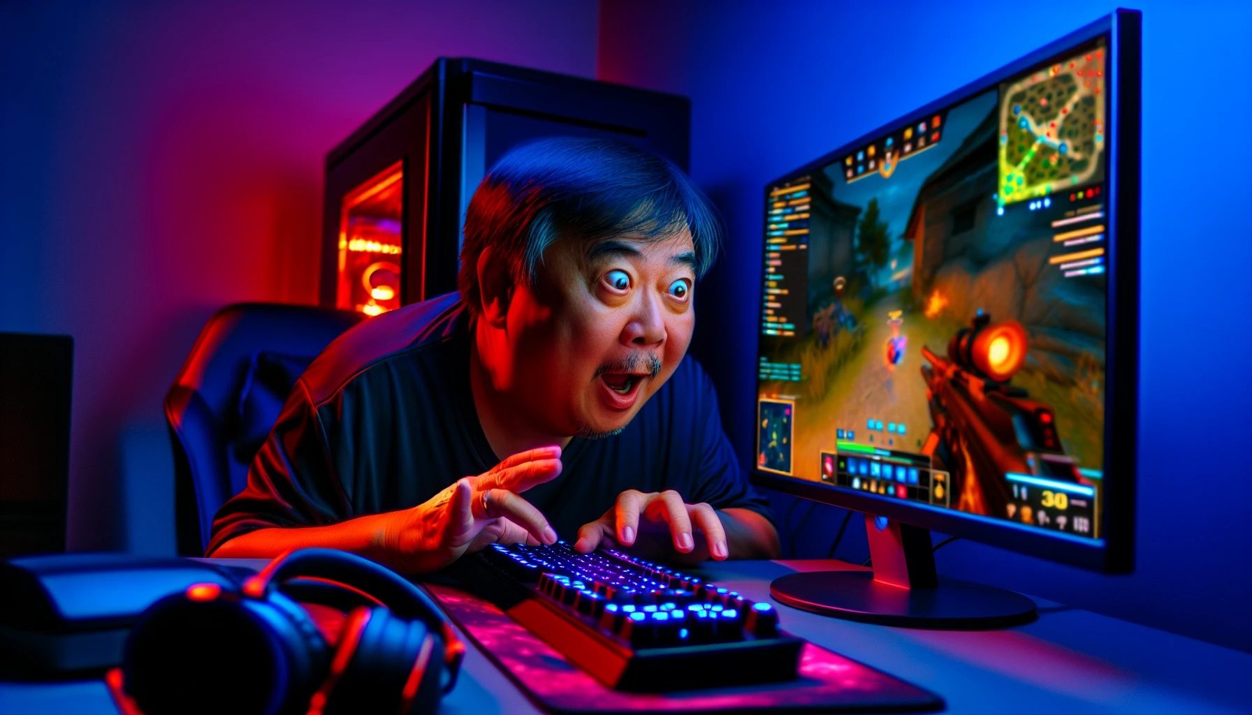 A photo capturing the immersive experience of PC gaming, featuring a gamer engaged in a popular game on a high-performance personal computer.