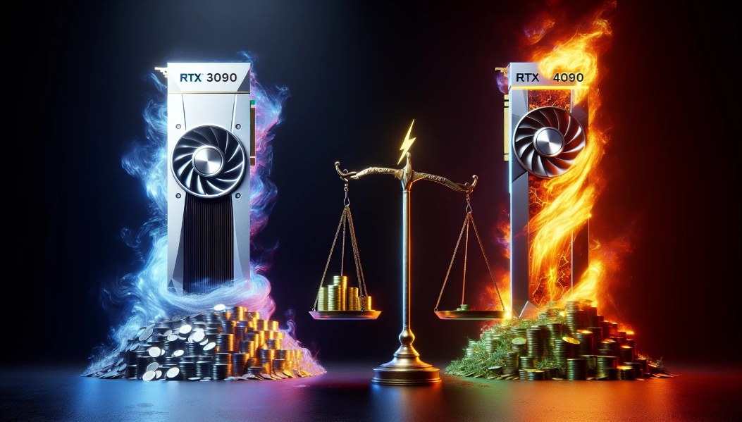 Illustration of two powerful NVIDIA GPUs, RTX 3090 and RTX 4090, facing off in a battle of power, performance, and price.