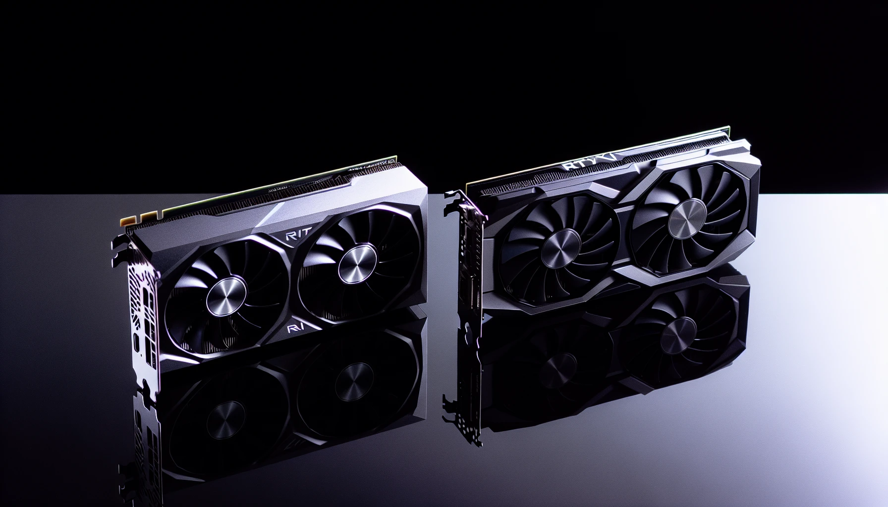 Two graphics cards on a dark background, symbolizing the comparison between RTX 4070 Ti and RTX 3080