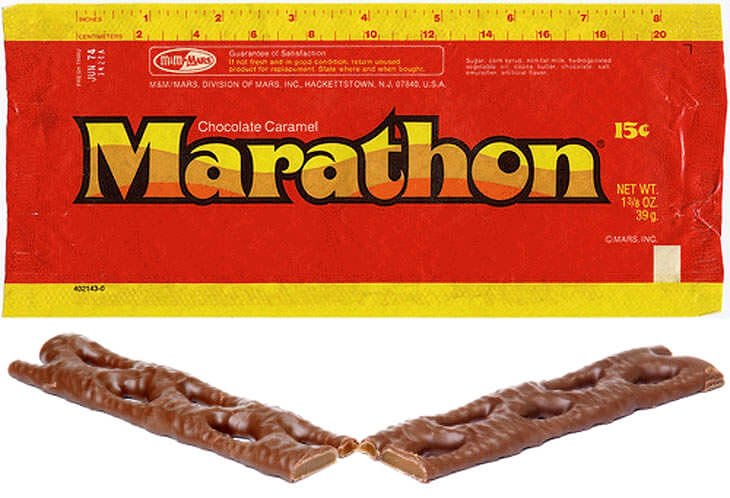 Marathon Chocolate Bar (USA) with orange and yellow wrapper (similar to Curly Wurly)