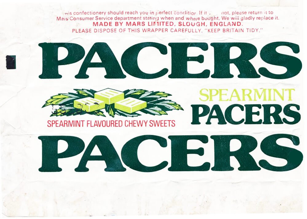 Spearmint Pacers wrapper, white and green