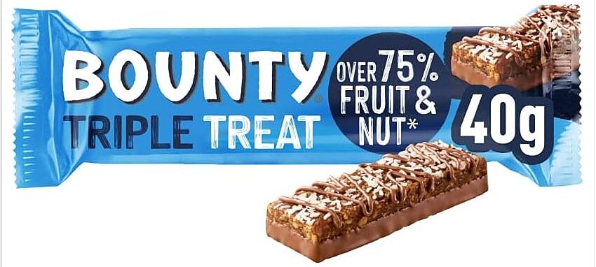 2 x Bounty Triple Treat bars, one with wrapper and one without