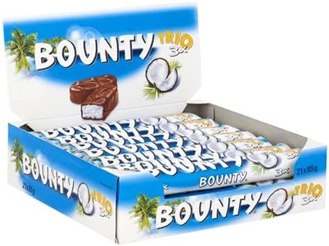 A display box filled with Bounty Trio chocolate bars