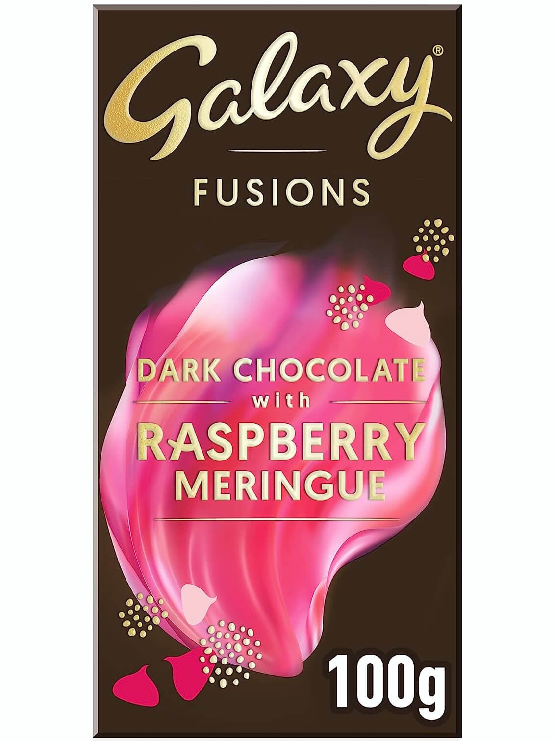 A single Galaxy Fusions bar in wrapper, dark chocolate with raspberry meringue