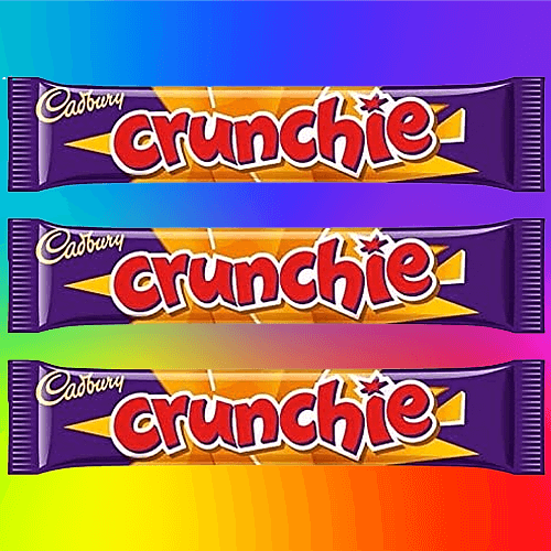 Three Cadbury Crunchie bars (2023) with colourful backdrop