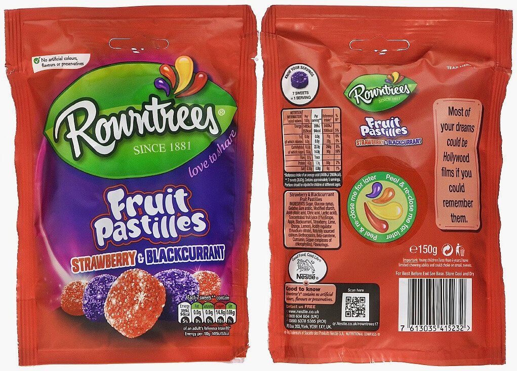 Rowntree's Fruit Pastilles Strawberry & Blackcurrant sharing pouch (red), front and rear.