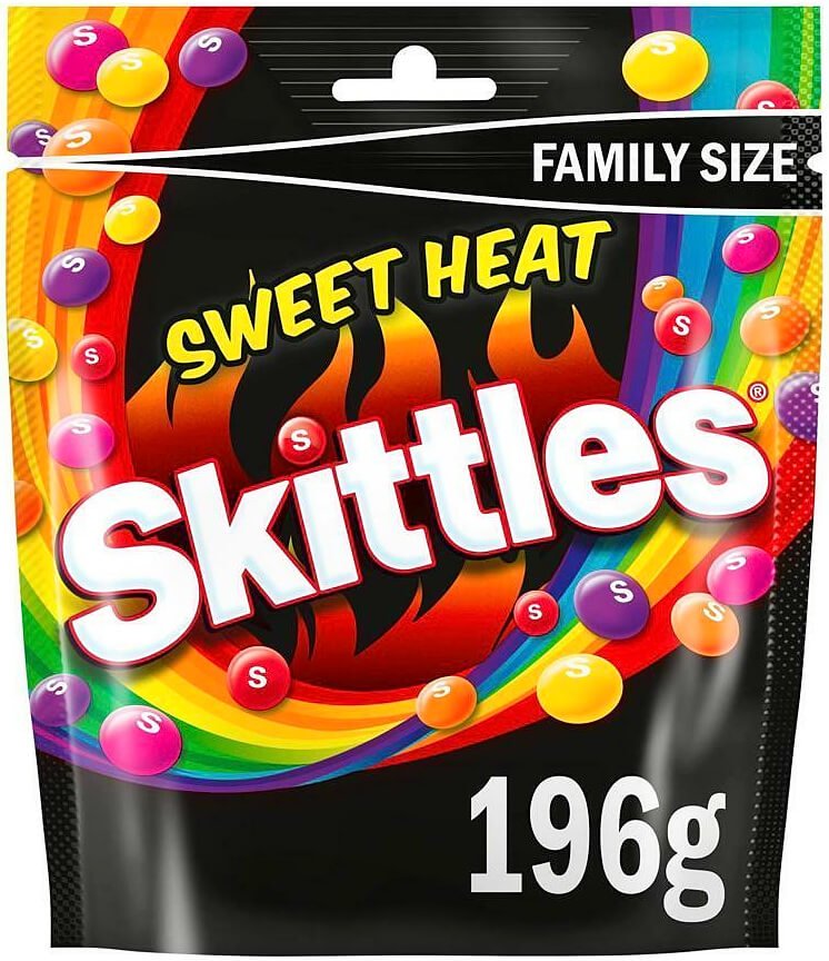 Skittles Sweet Heat Family Size (196g) pouch from 2023, with black and rainbow packaging