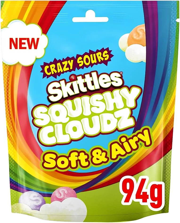 Skittles Squishy Clouds Crazy Sours 94g bag (2022) with rainbow colouring