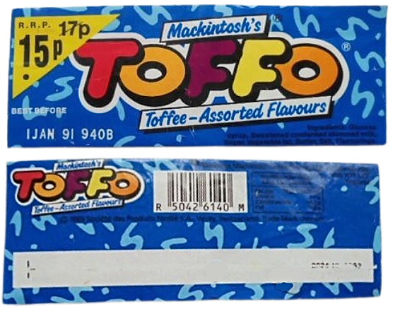 Blue Mackintosh's Toffo sweets wrapper from 1990