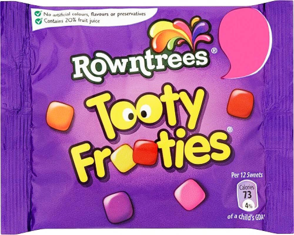 Bag of Rowntree's Tooty Frooties with purple packaging from 2014