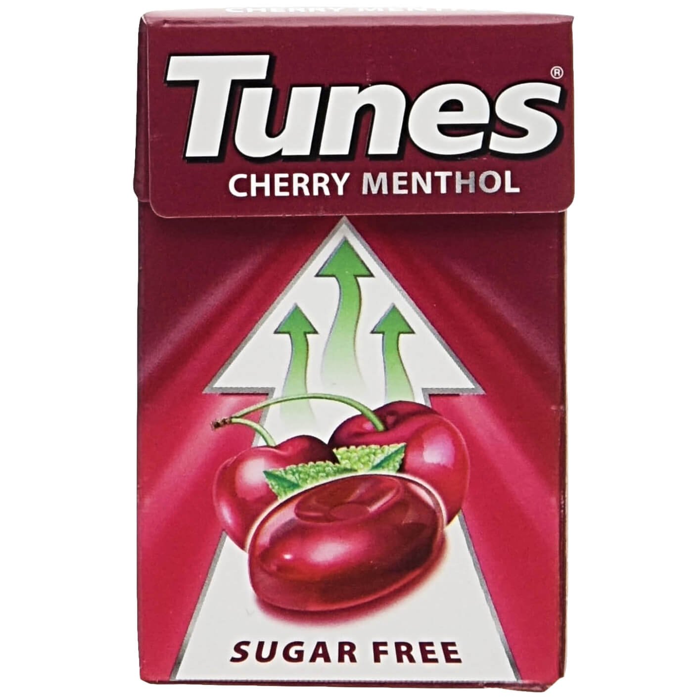 A box of Tune Cherry Menthol, Sugar Free from 2013, with burgendy red and white packaging