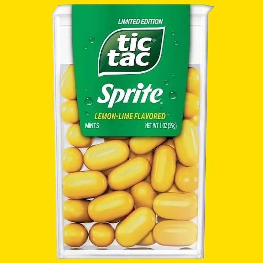 Tic Tac Sprite, Lemon & Lime, Limited Edition. Container filled with yellow sweets and a yellow background.
