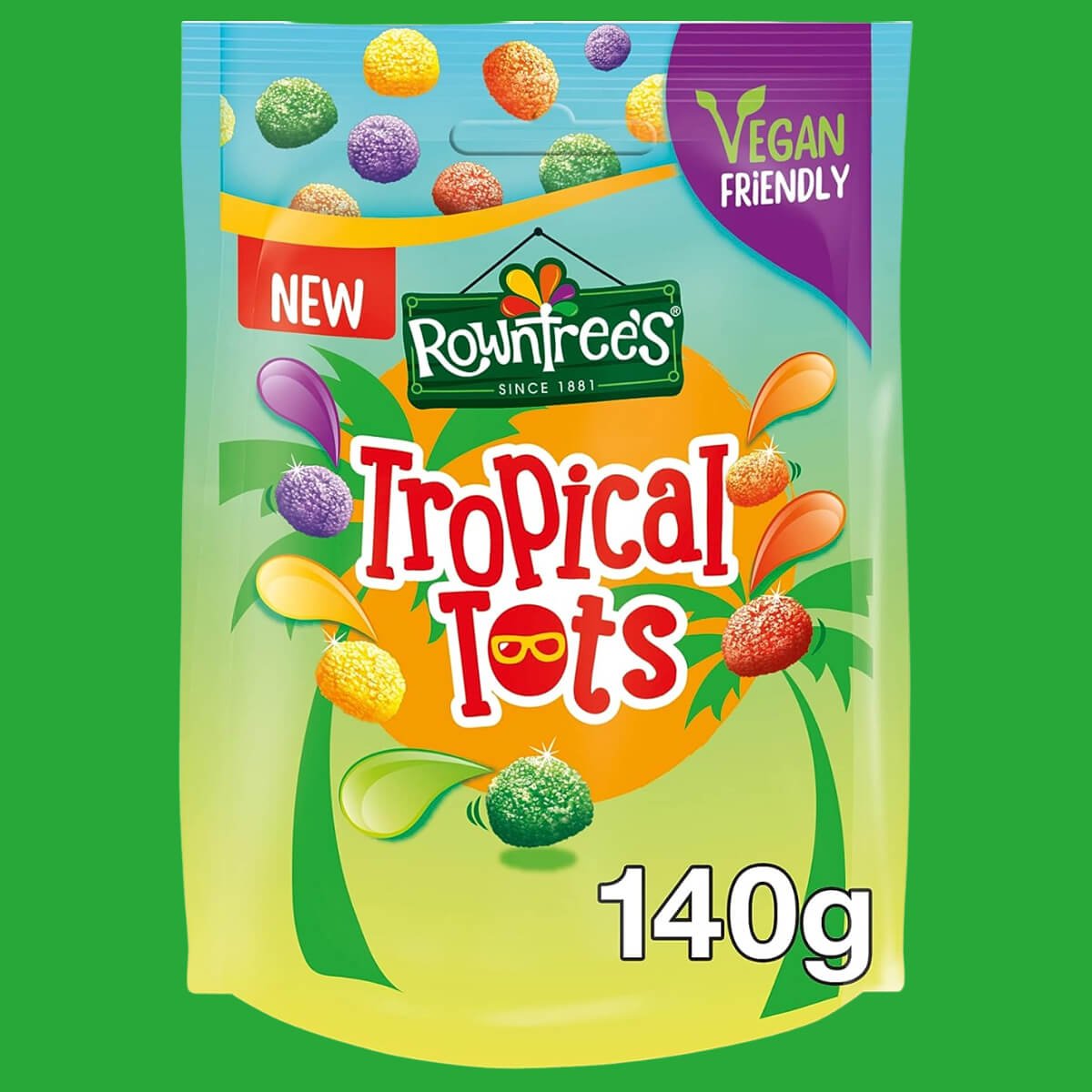 Pouch of Rowntree's Tropical Tots (2023) with green background.