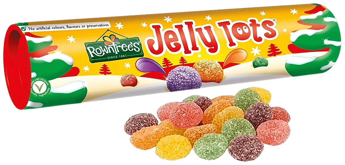 Christmas themed cylindrical Giant Tube of Rowntree's Jelly Tots with loose sweets