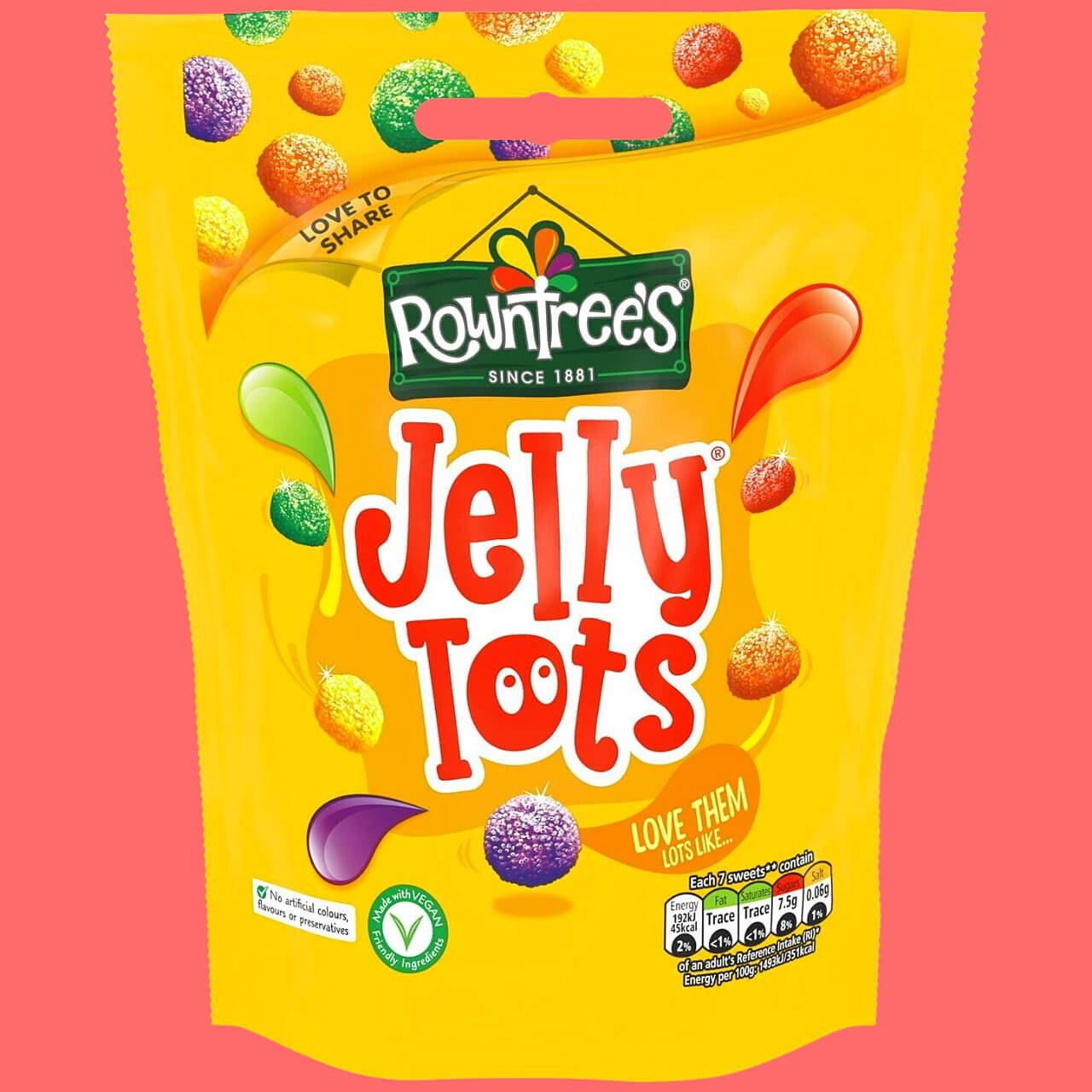 Yellow share pouch of Rowntree's Jelly Tots (2023) with pink background