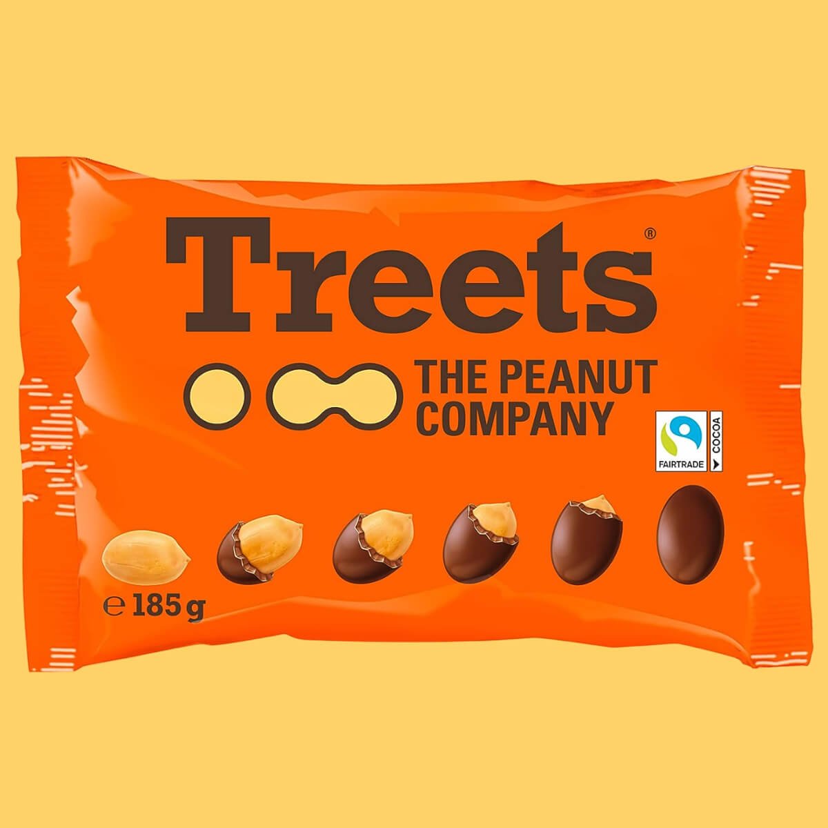 An orange packet of Treets Peanut from 2023 by Treets The Peanut Company.