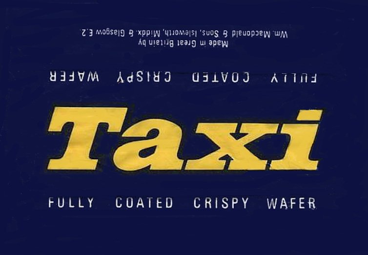 Blue Taxi wrapper (1970s) with yellow logo and "Fully coated crispy wafer" white text