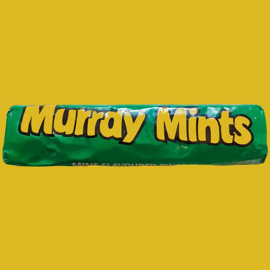 Packet of Murray Mints with green coloured wrapper and yellow text wording